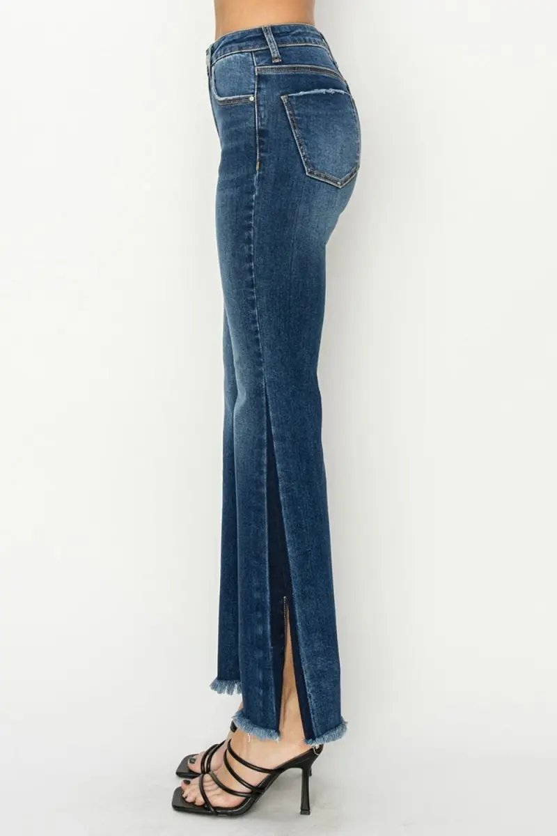 RISEN Full Size High Rise Side Shadow Seam Detail Slit Flare Jeans - Love Salve